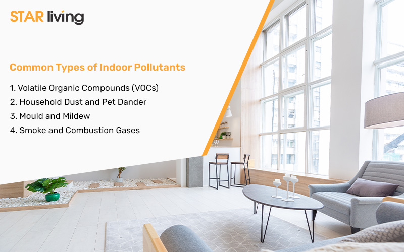 List of common indoor air pollutants displayed in a bright living room, including VOCs, dust and pet dander, mould, and combustion gases.
