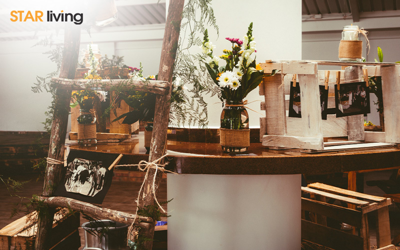 rustic decor scene with a wooden bar table